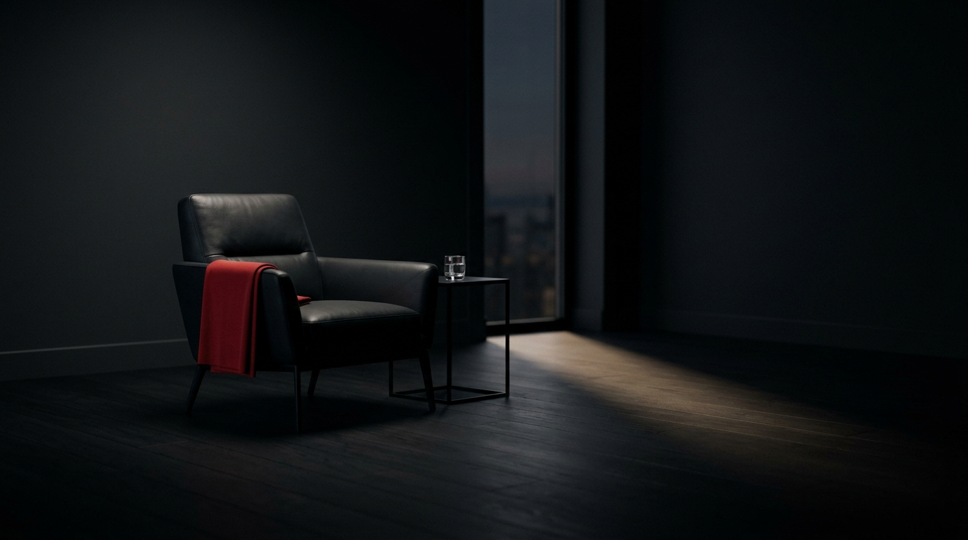 A composed dark workspace with a single red accent. Quiet, ordered, and considered.